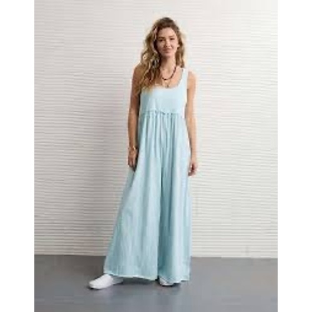 American Eagle Outfitters Sunchaser Blue Cotton Wide Leg Jumpsuit Large NWT